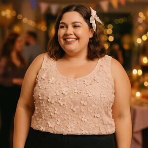 Roaman’s Women’s 24W Blush Pink Lace Tank Top Floral Appliqué Romantic Coquette